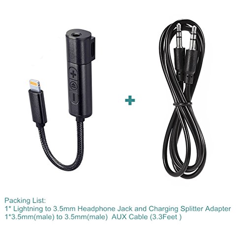 TELE-T 2 in 1 AUX Headphone Jack and Charge Adapter Lightning Audio Splitter 3.3FT 3.5mm Cable Compatible iOS 11 for iPhone 7 7Plus with Volume+/-Control, Does Not Support Calls - Black