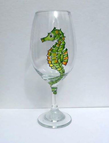 Lime Green Seahorse Hand Painted Stemmed Wine Glass