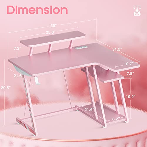 MOTPK Gaming Desk L Shaped, Small Corner Desk with Storage Shelf & Power Outlets, Computer Desk
