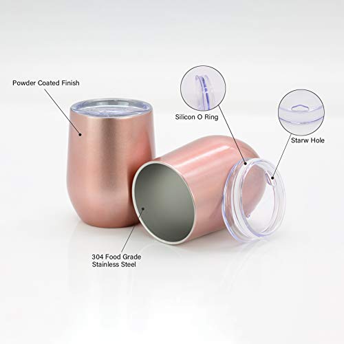 12oz Stainless Steel Stemless Wine Tumbler with Straws -ACOOME Double Wall Vacuum Insulated Wine Glass with Lid,Great Perfect for Wine, Coffee, Drinks,2 Sets (Rose Gold)