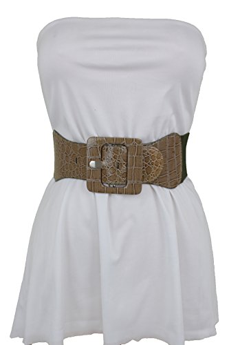 TFJ Women Fashion Green Stretch Belt Waist Hip Big Square Buckle Plus M L XL Beige