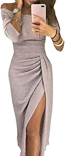 Hokny TD Womens Off Shoulder Shiny Wrap Thigh Side Slit Ruched Sexy Bodycon Dress
