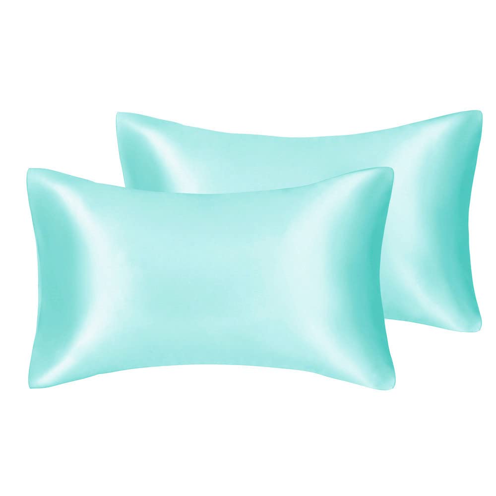 Silky Luxury Satin Pillow Case for Hair & Facial Skin to prevent wrinkles Hidden Zipper (Aqua Blue, Standard(50x75cm) 2 Pk)