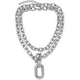 tenghong2021 Layered Chunky Chain Choker Toggle Clasp Necklace Punk Rectangle Oval Pendant Carabiner Necklace for Women