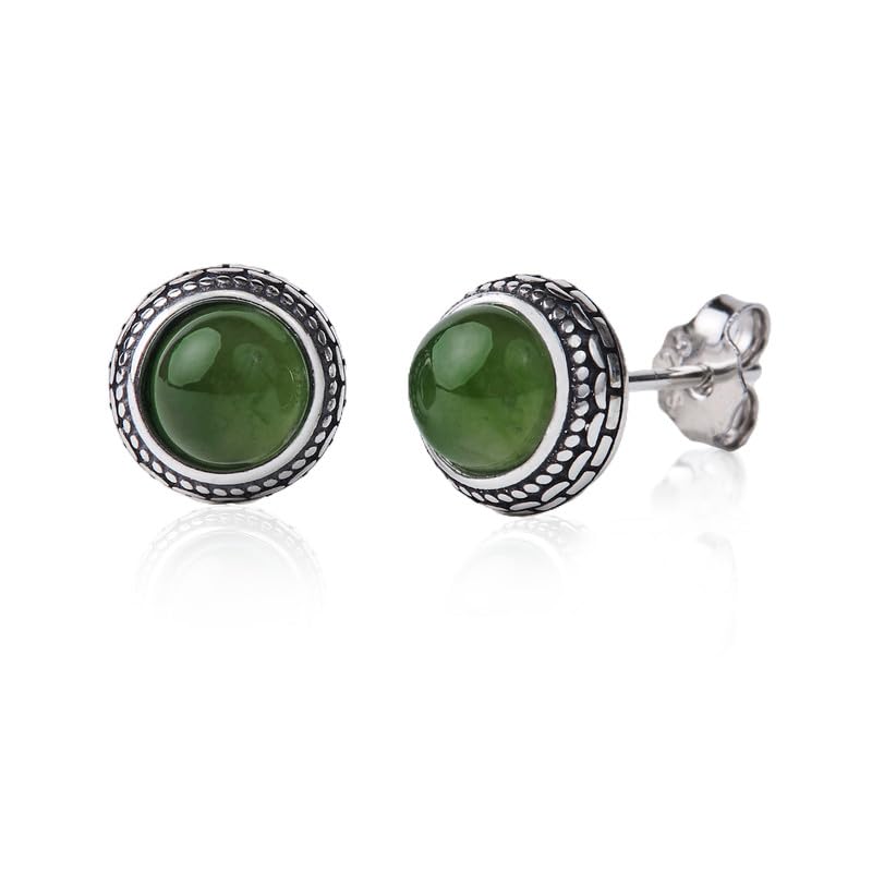 Photo 1 of Tiny Green Genuine Jade 925 Sterling Silver Hypoallergenic Stud Earrings Jewelry for Women Western Handmade Antiqued Trendy Birthstone Best Gift for Her Keenove