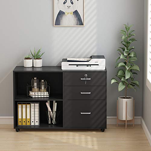 Tribesigns 3 Drawer Wood File Cabinets with Lock, Large Modern Lateral Mobile Filing Cabinets Printer Stand with Wheels, Open Storage Shelves for Home (Black with Lock)