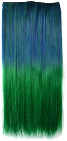 Colorlife Hair Extension, 23 Inch/ 58cm Dark Blue Ombre to Grass Green Color Straight Synthetic Full Head with 5 Clips in