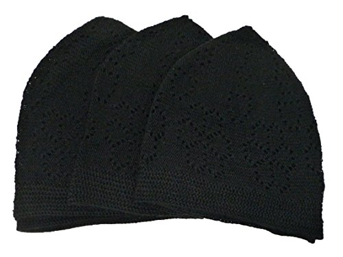3X Islam Muslim Knit Cap Kufi Topi Prayer Hat Crochet Taqiyah Takke Skull Beanie (Black)