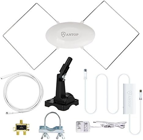 ANTOP Amplified Indoor/Outdoor HDTV TV Antenna 40 Miles Multi Direction with 2 Way TV Signal Splitter and 16ft Coaxial Cable …