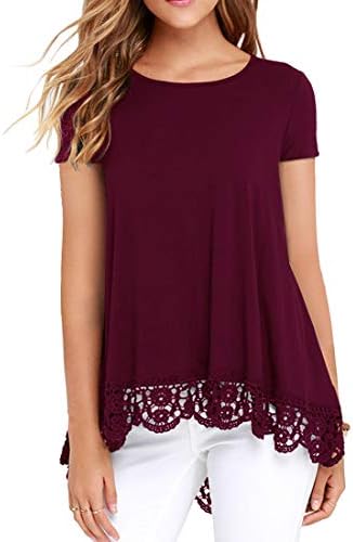 QIXINGWomen Tops Lace Trim O Neck A Line Tunic Blouse