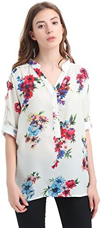 Yagoor Women's Casual Floral Print Chiffon Shirt Blouse Tops with 3/4 Length Sleeves white l