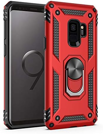 S9 Case, Extreme Protection Military Armor Dual Layer Protective Cover with 360 Degree Unbreakable Swivel Ring Kickstand for Samsung Galaxy S9 5.8" RedBlack