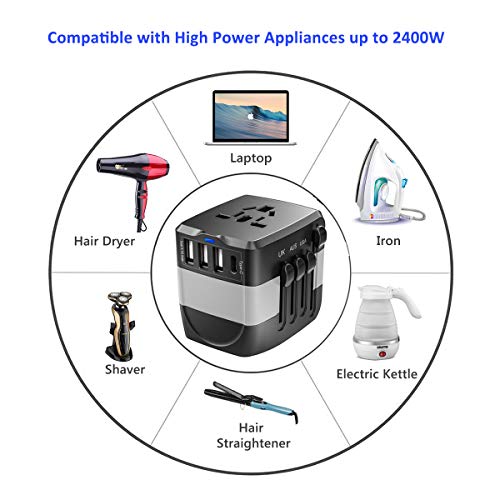 Universal Travel Adapter, 2400W International Power Adapter, European Adapter Worldwide All in One Plug Adaptor with 1 USB C + 3 USB for High Power Appliances for EU,UK,US,AUS,Over 200 Countries,Grey