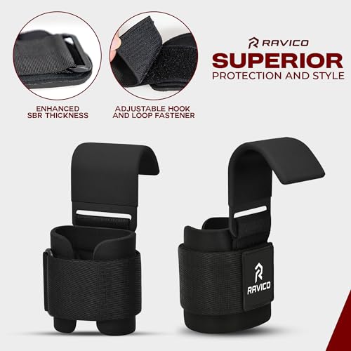 RAVICO Weight Lifting Hooks Grips for Men & Women - Premium Lifting Hook Straps with Neoprene Padded Wrist Support - Heavy Duty Hand Grips for Powelifting,Deadlifts, Shrugs & Pull-Ups for Gym Workout