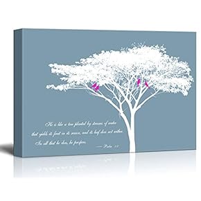 Canvas Wall Art - Abstract Tree and Birds on its Branches with Bible Quotes from Psalm 1:3 - Giclee Print Gallery Wrap Modern Home Art Ready to Hang - 12x18 inches