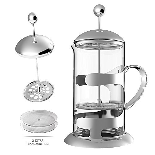 Click Here to See More Images Moroly French Press Espresso Coffee Maker with Reusable Filter Stainless Steel Heat Resistant Glass,Small French Press Perfect for Morning Coffee, 1 liter 8 Cup(34 Oz) (Clear)
