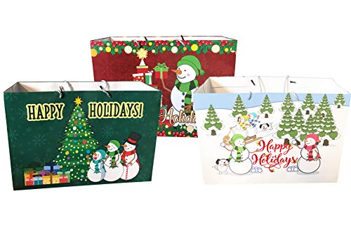 InGENIUS 3 Large Christmas Gift Bags Tote With Handles - 18" Wide x 13" High x 7" Deep - Extra Wide Holiday Shopping Reinforced Bags Big Hanukkah Wrapping Bags Jumbo