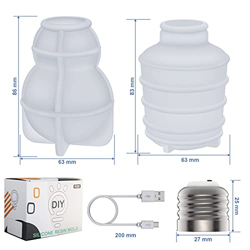 Resin Light Bulb Mold, Silicone Resin Molds 5 Pcs Including 2 Resin Casting Molds, 2 Rechargeable USB RGB Screw Base and 1 Charging Cable