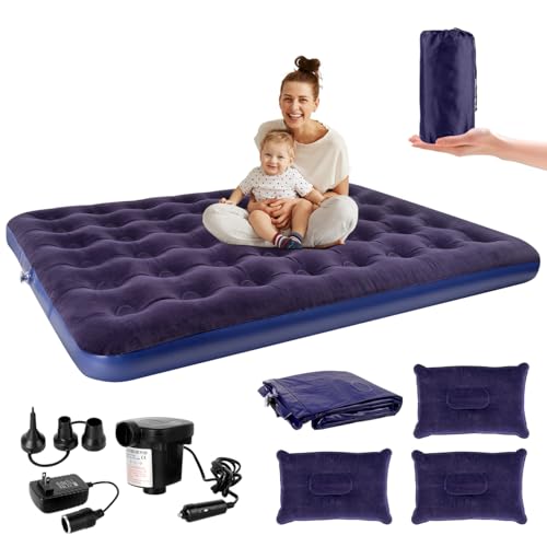 JZZB Colchon Inflables Matrimonial,79.92 * 59.84 * 9.84 Pulgadas Colchon Inflable Queen Size con 3 Almohadas y Bomba Dual Enchufe Auto Bolsa de Viaje,Cama de Aire para Viajes Camping Hogar (Azul)