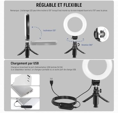 Basics Ring Light 5" avec Mini Trépied pour Vidéoconférence,Kit Streaming à Clipser pour Moniteur,Webcam,Ordinateur Portable Maquillage Selfies Enregistrement Vidéo Chiffon Nettoyage, BR60