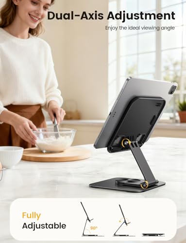 Lamicall Adjustable iPad Stand for Desk - [Ultra-Slim Foldable][360°Rotation] Tablet Stand with Heavy-Duty Base, Tablet Holder Gifts for 4.7-13" Devices, 2025 iPad Pro Air Mini, Kindle, iPhone 17 Pro
