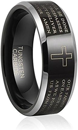 8mm Black Tungsten Ring Lords Prayer Wedding Engagement Band Polished Finish Beveled Edge (8)