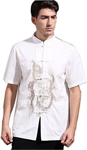 Mens Chinese Kung Fu Short Sleeve Cotton Tang Shirt with Dragon Embroidery White Size XXXL