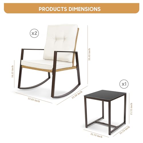 YIYAN 3 Pieces Patio Bistro Set Outdoor Rattan Wicker Rocking Chairs Set,Patio Outdoor Furniture Conversation Sets with Sofa Chairs,Glass Coffee Table and Washable Cushion (Light Beige)