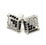Mens Silver Tone Clear/Black Cz Cube Iced Out Hip Hop Micro Pave Stud Earrings