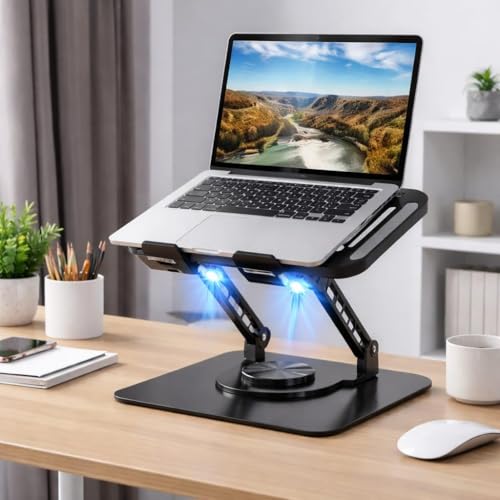 Suporte para Notebook de até 17” em Aço Carbono, Ajustável, Dobrável, Base Giratória 360° e Ventilação 2 coolers, Ergonômico e Portátil para Home Office e escritório, também para tablets e celulares