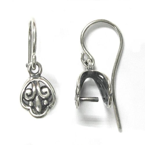 2 pcs .925 Sterling Silver Fleur-de-lis Flower Earring Earwire Pinch Bail Clasp / Findings / Antique