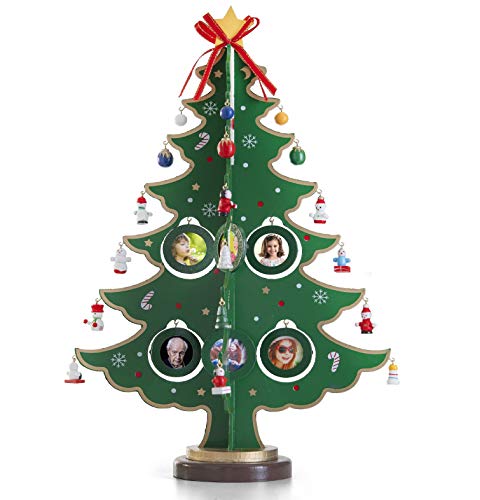 17-Inch Picture Frame Wooden Tabletop Christmas Tree with 8 Hanging Picture Frames Ornaments and 24 Mini Christmas Ornaments with Star Treetop for DIY Christmas Decoration and Family Tree Photo Frames