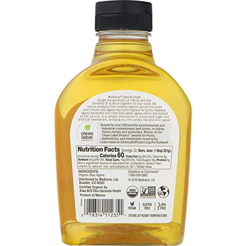 MADHAVA ORGANIC LIGHT AGAVE, 100% PURE ORGANIC BLUE AGAVE NECTAR | NATURAL SWEETENER, SUGAR ALTERNATIVE | VEGAN | ORGANIC | NON GMO | LIQUID SWEETENER | 23.5 OUNCE (PACK OF 6)