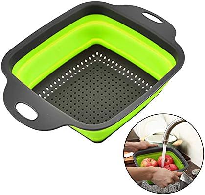 Silicone Draining Baskets Square Foldable Kitchen Filter Strainer Washing Bowl for Draining Fruit Vegetable Pasta Large Green 21.7 * 29.5cm