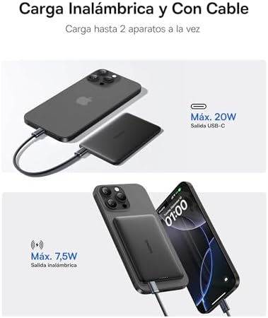 Power Bank Picogo AM41, Powerbank Ultra Slim 5000mAh Magsafe, PD 20W Carregamento Rápido, Portátil, Mini Bateria Magnética Externa com Cabo USB C para iPhone 17/16/15/14/13/12, Preto