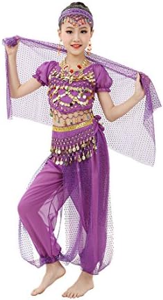 Feimei Girl’s Exotic Jasmine Belly Dance Costume Set With Halter Top Harem Pants and Sequin Coins Designed For Performance Cosplay Carnival and Halloween Party (Purple, Large)