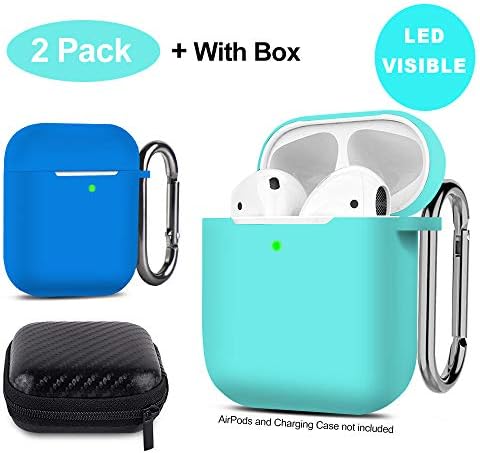 AirPods Case [Front LED Visible] Silicone Case Cover Ultra Thin Protective Case Skin with Keychain for Apple AirPods 2 & 1 Charging Case 2 Pack [Supports Wireless Charging]