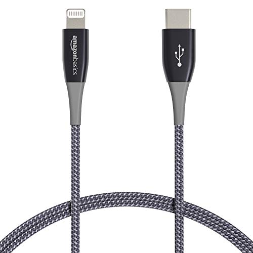 Amazon Basics - Cable USB-C a Lightning de nailon trenzado doble premium, cargador Apple con certificación MFi para iPhone 12 (todos los modelos), teléfono 11 Pro / 11 Pro Max, gris oscuro, 6 pies