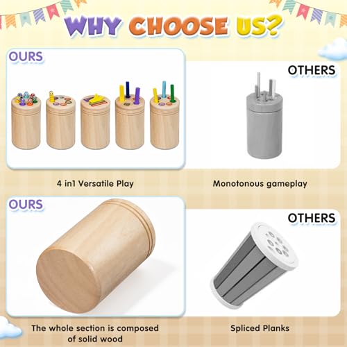 Joozmui Montessori Wooden Toys 1 2 3 Years, 4 in 1 Wooden Toys for Activities and Development Montessori Educational Games Children 1 2 3 Years Sensory Toys 1+ Year