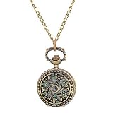 Souarts Antique Bronze Color Round Pocket Watch Hollow Green Enamel Leaf Engraved 80cm