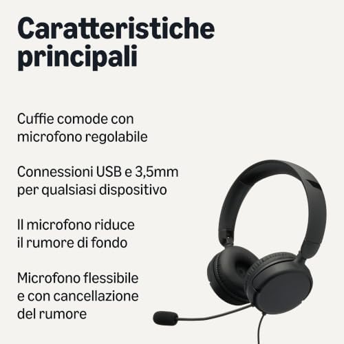 - Cuffie Over-Ear per Computer con Cavo, Microfono Regolabile, Connessione da 3,5 mm, Controllo Cablato con USB-A, Pieghevoli, Cuffie per Ufficio, Smartphone, PC, Laptop, Nero