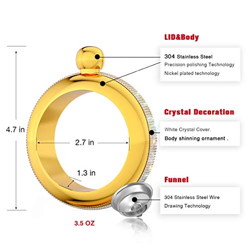 BOKIN Bracelet Bangle Flask 304 Stainless Steel with Handmade, Funnel in Gift Box for Women Girls Dance Birthday Party Club Bar, 3.5oz, Crystal Gold