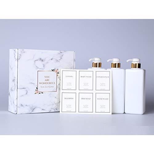 HARRA HOME Modern Gold Design Pump Bottle Set 27 oz Refillable Shampoo and Conditioner Dispenser Empty Shower Plastic Bottles with Pump for Bathroom Lotion Body wash Massage Oils, Pack of 3 (White) - Thumbnail 2