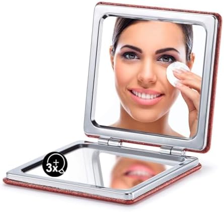 OMIRO Compact Mirror Glitter PU Red 1X 3X Magnification Ultra Portable Purse