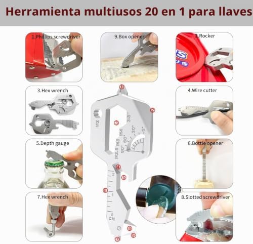 Wunderkey 24 em 1 porta-chaves multiusos, em aço inoxidável, ferramenta portátil para atividades ao ar livre, campismo, ciclismo e montanhismo