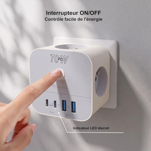 VEFVE Chargeur Rapide USB C 70W, Prise Multiprise Cube 7-en-1 avec Interrupteur, Technologie GaN III, Compatible Ordinateurs Portables, Tablettes et Smartphones