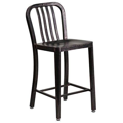 Flash Furniture 24" High Black-Antique Gold Metal Indoor-Outdoor Counter Height Stool with Vertical Slat Back