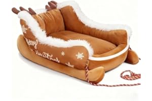 Christmas Sleigh Dog Bed, Festive Plush Cozy Dog Bed - Christmas Sleigh, Removable Washable Plush Pet Warm Sofa with Non-Slip