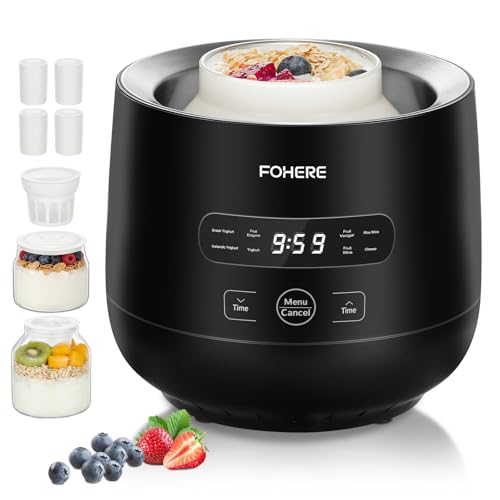 FOHERE Yogurt Maker with 2 XXL Jars Capacity 2000 ml and 1400 ml, 4 x 125 ml Cups and Lid, 8 Preset Programs, LCD Display, Timer, Power 20 W, BPA-Free