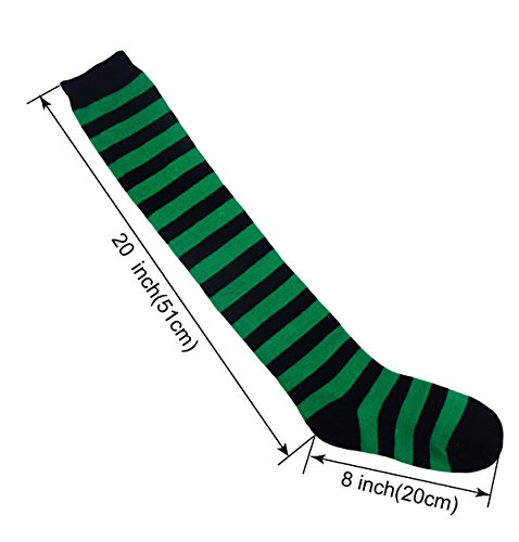 Raylarnia Women's Extra Long Opaque Striped Over Knee High Stockings Socks (Adjustable, Black/Green Stripes)